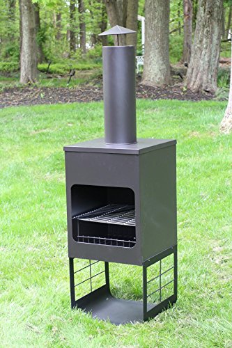 Oliver and Smith – Large Iron Outdoor Round Patio Chiminea Fireplace Rear Fire Shield – 18″ x 18″ x 46″ Tall – with Stainless Steel Grill – Chiminea Weather Cover – 4 Skewers