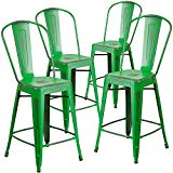 Cheap Flash Furniture 4 Pk. 24” High Distressed Green Metal Indoor-Outdoor Counter Height Stool with Back