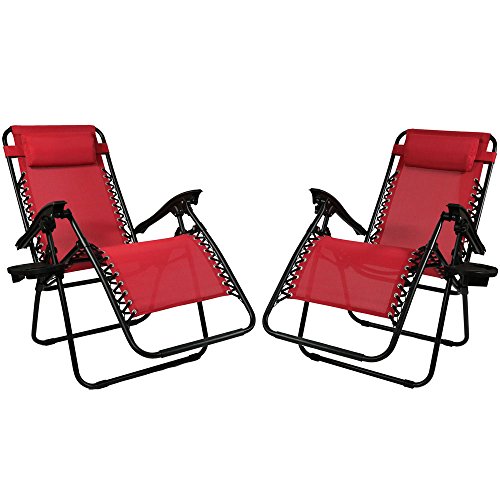 Cheap Sunnydaze Outdoor Zero Gravity Lounge Chair with Pillow and Cup Holder, Folding Patio Lawn Recliner, Set of 2, Red