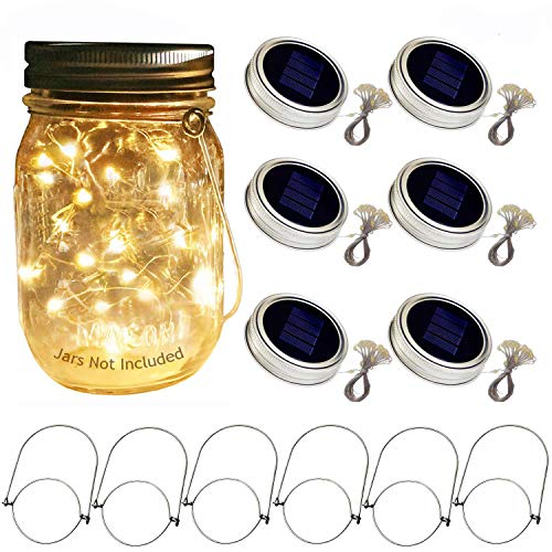 Aobik Solar Mason Jar Lid Lights, 6 Pack 20 Led String Fairy Star Firefly Jar Lids Lights,6 Hangers Included(Jars Not Included), Best for Mason Jar Decor,Patio Garden Decor Solar Laterns Table Lights