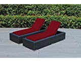 Ohana 2-Piece Outdoor Patio Furniture Chaise Lounge Set, Black Wicker with Sunbrella Jockey Red Cushions – No Assembly with Free Patio Cover