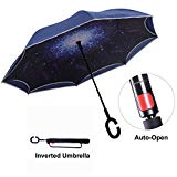 Travel Ease Inverted Umbrella with Light Reflection Strip, Double Layer Car Reverse Umbrella, Auto-Open Self-Standing Umbrella with C-Shape Handle Plus Carrying Bag for Free Hands (Starry Sky) For Sale