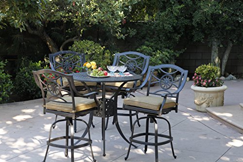 Darlee Ten Star Cast Aluminum 5-Piece Bar Set with Seat Cushions and 42-Inch Bar Table, Antique Bronze Finish