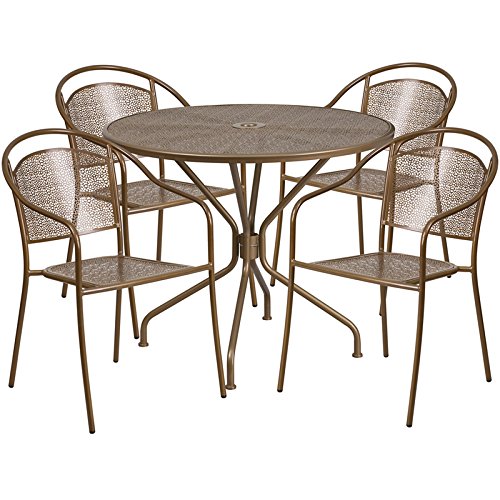 Cheap Flash Furniture 35.25” Round Gold Indoor-Outdoor Steel Patio Table Set with 4 Round Back Chairs