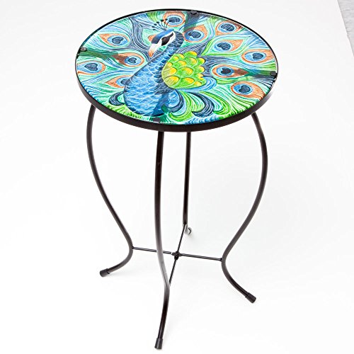 Bits and Pieces - Indoor/Outdoor 20 Inch Tall Peacock Glass Top Table - Perfect Side Table for your Home or Garden