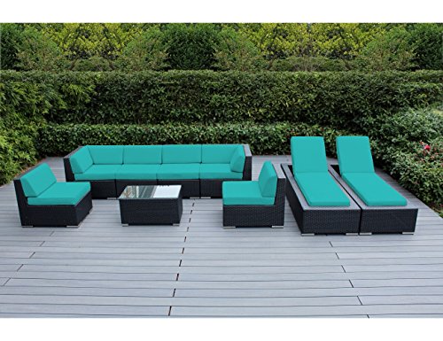 Genuine Ohana Outdoor Sectional Sofa and Chaise Lounge Set (9 Pc Set) with Free Patio Cover (Turquoise)