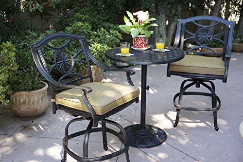 Darlee Ten Star Cast Aluminum 3 Piece Series 30 Pedestal Counter Height Bar Table with Seat Cushions, 30″, Antique Bronze Finish Review
