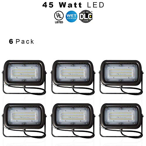 LED Outdoor Security Flood Light, Waterproof, 45 Watt (400W Equivalent) 5400 Lumens, 5000K Daylight White, UL & DLC – Knuckle Mount – 5 Year Warranty – 6 Pack