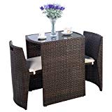 Outdoor Furniture – Patio Wicker Dining Table and Chairs With Cushions Set 3 Piece – All-Weather – Great for Backyard Porch Garden and Balcony – Brown – by Global Group