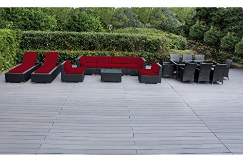 Cheap Genuine Ohana Outdoor Sectional Sofa and Dining Wicker Patio Furniture Set (14 pc Set) with Free Patio Cover (18 pc Set/Sunbrella Red)