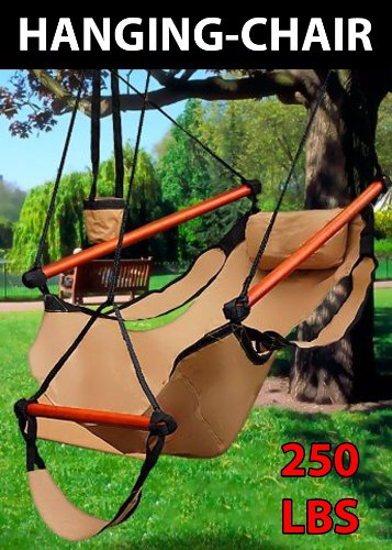 New Hammock Hanging Chair Air Sky Swing Outdoor Chair Solid Wood 250lbs (Beige)