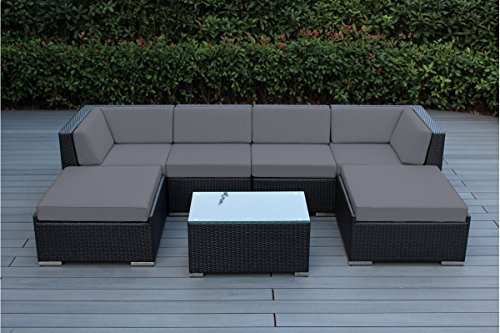 Ohana 7-Piece Outdoor Patio Furniture Sectional Conversation Set, Black Wicker with Gray Cushions – No Assembly with Free Patio Cover