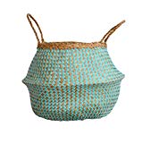 DUFMOD Small Natural and Plush Woven Seagrass Tote Belly Basket for Storage, Laundry, Picnic, Plant Pot Cover, and Beach Bag (Plush Zigzag Chevron Seagrass Aquamarine, Small) For Sale