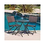 El Paso 3-piece Glass Top Bistro Set with Folding Wicker Chairs For Sale