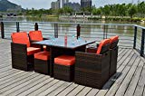 WP Furniture Outdoor 9 Nine Piece Modern Wicker PE Rattan Patio Dining Table Set, with Chair’s, Ottoman’s, Glass Table Top For Sale