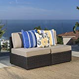 (GDF Studio) Santa Cruz Outdoor Dark Brown Wicker Armless Sectional Sofa Seat with Beige Water Resistant Cushions (Set of 2) by Christopher Knight Home For Sale