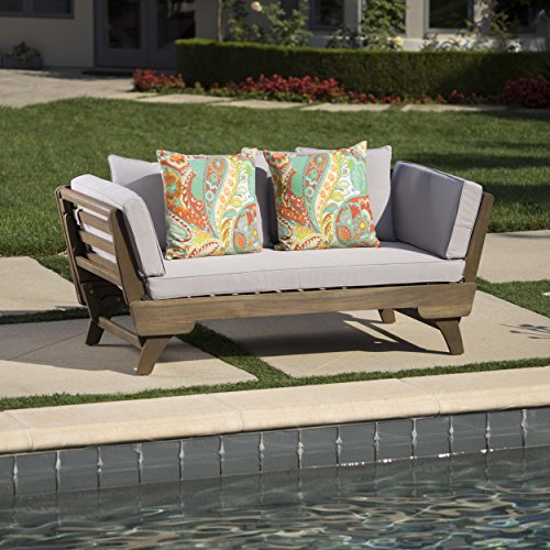 Othello Outdoor Grey Finished Acacia Wood Daybed with Light Grey Water Resistant Cushions