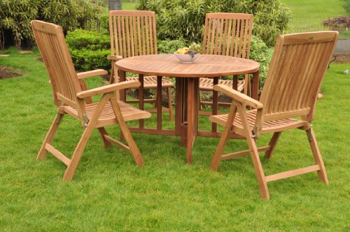 Grade-A Teak Wood 4 Seater 5 Pc Dining Set: 48? Round Table And 4 Marley Reclining Arm Chairs #WFDSMR1 For Sale