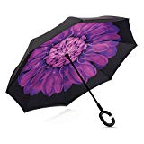 Cheap Double Layer Wind Proof,UV Proof, durable, self standing Proof Reverse Folding Inverted Umbrella Travel Umbrella with Hands free C Shape Handle (Purple flower)