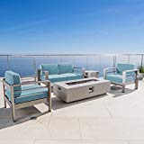 Crested Bay 5 Piece Silver Aluminum Framed Chat Set with Light Teal and White Corded Water Resistant Cushions and Light Grey Finished Rectangular Fire Pit Review