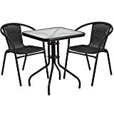 Flash Furniture 23.5'' Square Glass Metal Table with 2 Black Rattan Stack Chairs Flash Furniture 23.5'' Square Glass Metal Table with 2 Black Rattan Stack Chairs