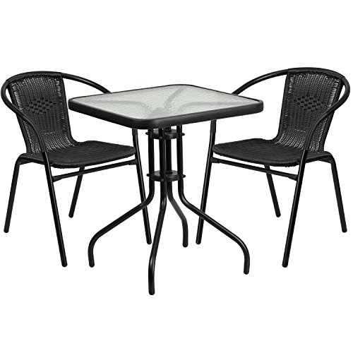 Flash Furniture 23.5'' Square Glass Metal Table with 2 Black Rattan Stack Chairs