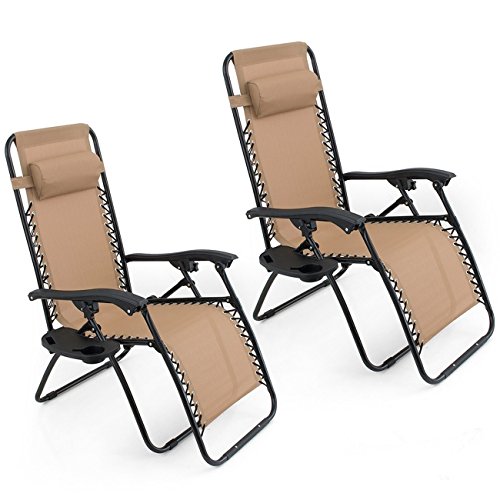 Oshion 1 Pair Zero Gravity Chairs Black Lounge Patio Chairs Outdoor Yard Beach New (Tan)