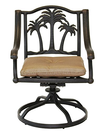 Palm Tree Outdoor Patio 4 Swivel Rocker Dining Chairs Dark Bronze Cast Aluminum, Walnut Cushions For Sale