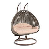 Island Gale Luxury 2 Person Wicker Swing Chair with Stand and Cushion Outdoor Porch Furniture Max.528 Lbs 2 Hanging Poles for Extra Safety – Perfect for Patio Garden Porch Indoor Bedroom Reading