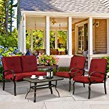 FurniTure Conversation Set Outdoor 4 Piece Conversation Set Patio Conversation Set Garden Cushioned Sofa Set Wrought Iron Coffee Table Loveseat Sofa 2 Chairs, Brick Red For Sale