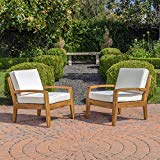 Parma 4 Piece Outdoor Wood Patio Furniture Chat Set w/Water Resistant Cushions (Set of Two Chairs, Beige) For Sale Parma 4 Piece Outdoor Wood Patio Furniture Chat Set w/Water Resistant Cushions (Set of Two Chairs, Beige) For Sale