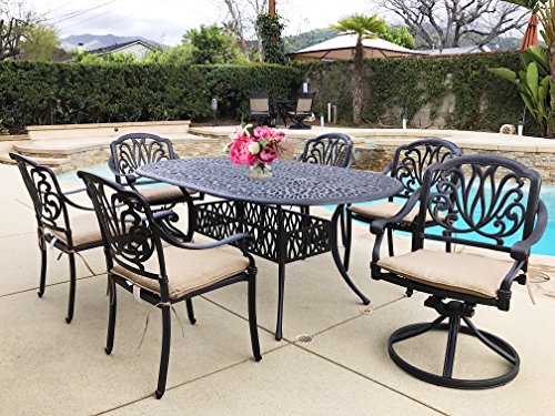 Everhome Designs – Elise Cast Aluminum Patio 7-Piece Dining Set with 42″ x 72″ Oval Table and SUNBRELLA Premium Cushions For Sale