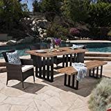 Great Deal Furniture | Francis | Outdoor 6-Piece Wicker/Concrete Lightweight Dining Set | with Natural Oak Finish | Water Resistant Cushions | in Multibrown/Beige