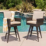 Marbella Outdoor Dark Brown Wicker Barstools with Sand Sunbrella Cushions (Set of 2) For Sale