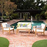 GDF Studio Preston 4 Piece Wood Outdoor Patio Seating Chat Set w/Beige Cushions GDF Studio Preston 4 Piece Wood Outdoor Patio Seating Chat Set w/Beige Cushions