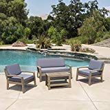 Grenada Outdoor Grey Finished Acacia Wood 4 Piece Chat Set with Dark Grey Water Resistant Cushions For Sale