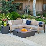 Christopher Knight Home 299881 Crested Bay Outdoor Aluminum Sectional Sofa Set Propane Fire Table | Khaki/Gr, Grey For Sale