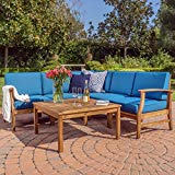 Christopher Knight Home 299097 Capri Outdoor Patio Furniture Wood 6 Piece Chat Set with Water Resistant Cus, Blue