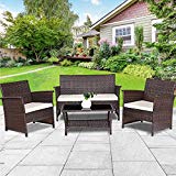 TANGKULA Outdoor Patio Furniture 4 Piece Cushioned Sofa and Coffee Table Set Tea Table with 2 Shelves Lawn Balcony Pool Compact Conversation Set Review