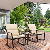 Cheap EcoMozz Outdoor 3-Piece Wicker Bistro Rocking Chair Set – All Weather Patio Furniture Beige Cushioned Rocker W/Glass Top Coffee Table (Brown-1)