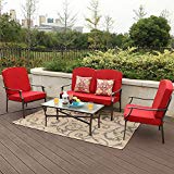 PHI VILLA 4-Piece Bistro Sets Cushioned Patio Furniture Conversation Set w/Loveseat-2 Chairs and 1 Coffee Table (Red) For Sale