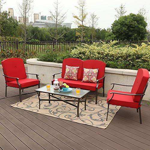 PHI VILLA 4-Piece Bistro Sets Cushioned Patio Furniture Conversation Set w/Loveseat-2 Chairs and 1 Coffee Table (Red) For Sale