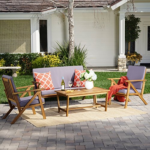 Christopher Knight Home 300251 Manarola 4-Piece Outdoor Acacia Wood Chat Set | in Teak Finish/Grey