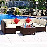 Cloud Mountain No Tax 7-Piece Outdoor Patio Summer Rattan Wicker Sectional Conversation Sofa Set Wicker Furniture Set w/Table 6 Sofa Chairs, Cocoa Brown Rattan Beige Cushions