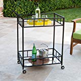 Varacruz Outdoor Industrial Modern Black Powder Coated Iron Bar Cart with Tempered Glass Top