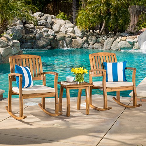 GDF Studio 297254 South Hampton Rocking Chair with Cushion (Set of 2) and Acacia Accent Table Dimensions: 33.25”D x 24.00 “W x 35.75”H, Set Teak Finish For Sale