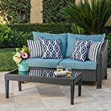 Cheap GDF Studio Charles Outdoor Grey Wicker Loveseat and Table Combo with Teal Water Resistant Cushions