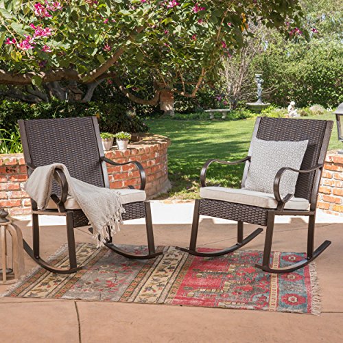 Great Deal Furniture Muriel Outdoor Wicker Rocking Chair with Cushion (Set of 2), Dark Brown and Cream