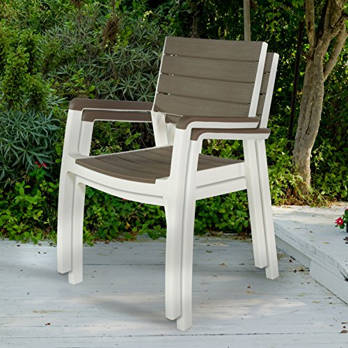 Keter Harmony Indoor/Outdoor Stackable Patio Furniture Armchair Set Modern Wood Style Finish, (Pack of 2 Chairs)
