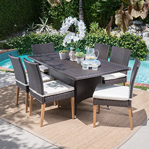 Santa Monica Outdoor Rectangular 7 Piece Multibrown Wicker Dining Set with Beige Water Resistant Cushions